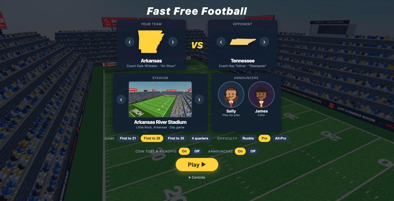 The game menu: pick your state, your opponent, the stadium and the announcers